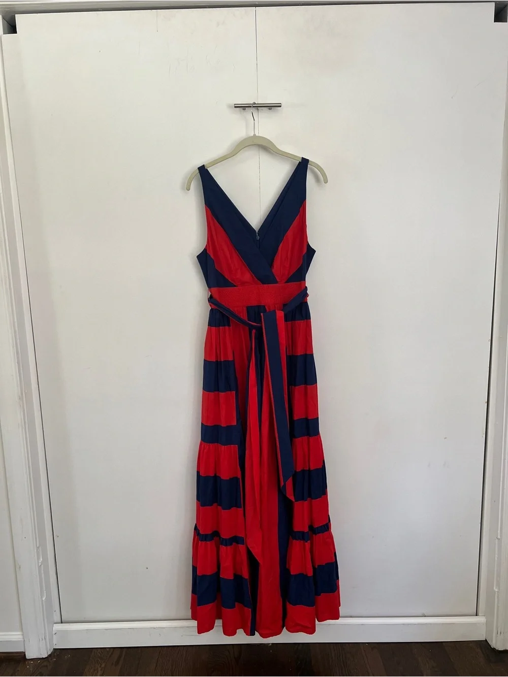 J. Crew Sleeveless Navy & Red Striped V-Neck Maxi Dress